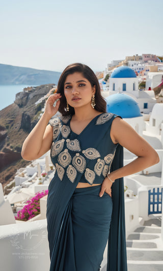 Teal Embroidered Pre-Stitched Saree with Designer Blouse