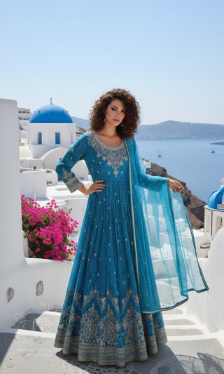 Turquoise Blue Embroidered Anarkali Gown