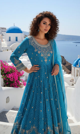 Turquoise Blue Embroidered Anarkali Gown