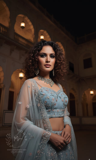 Powder Blue Embroidered Lehenga with Spaghetti Strap Choli