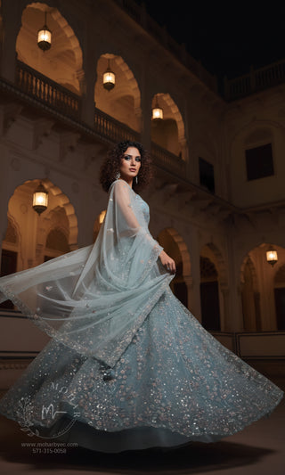 Powder Blue Embroidered Lehenga with Spaghetti Strap Choli