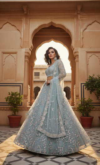Powder Blue Embroidered Lehenga Choli