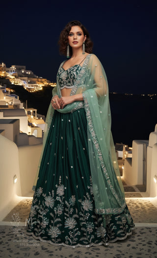 Emerald Green Embroidered Silk Lehenga with Silver Detailing