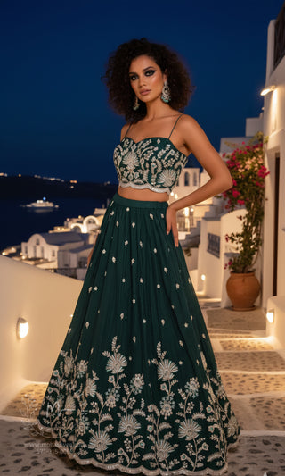 Emerald Green Embroidered Silk Lehenga with Silver Detailing