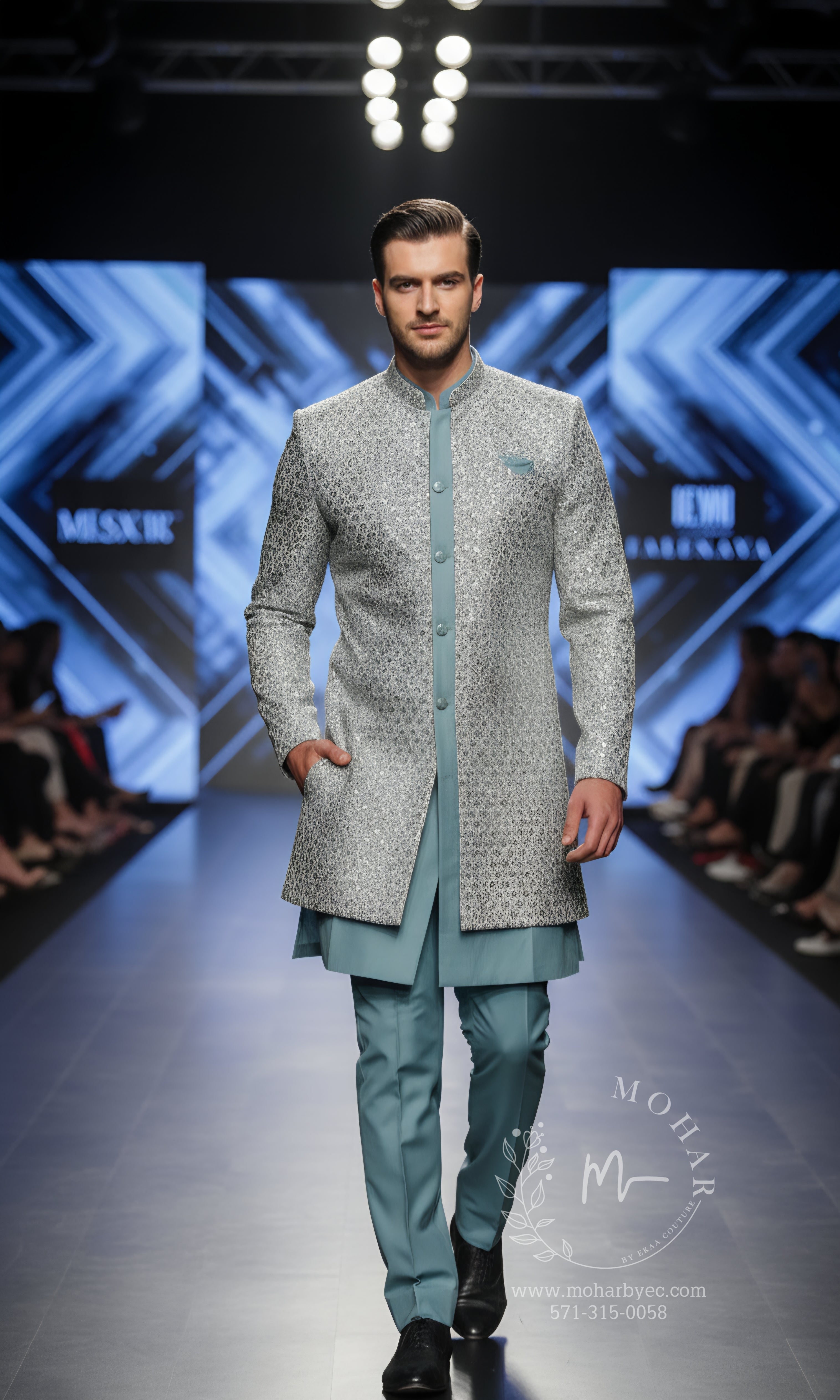 Silver & Teal Embroidered Sherwani Set