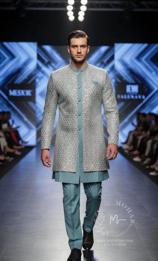 Silver & Teal Embroidered Sherwani Set