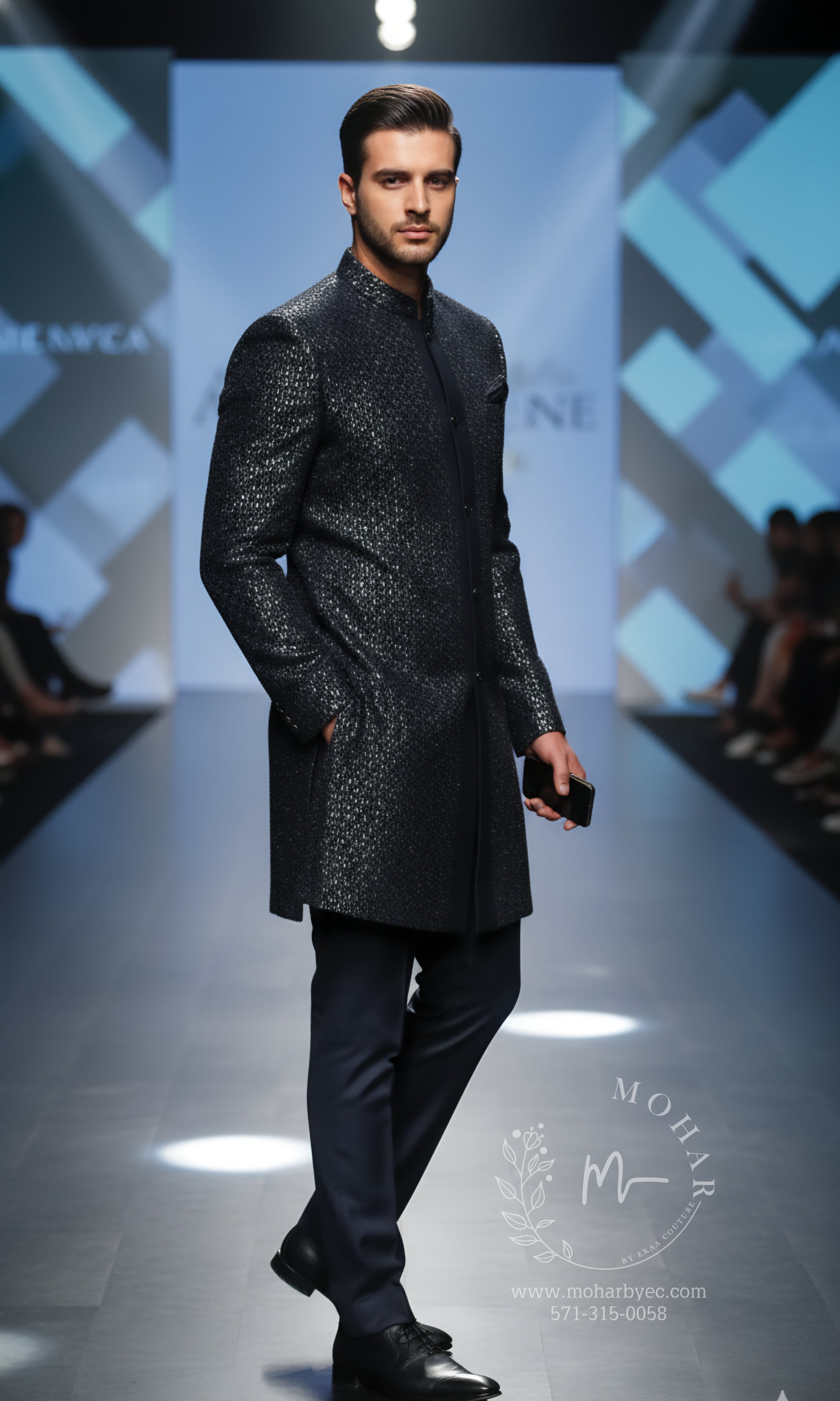 Midnight Blue Sequin Embellished Sherwani Set