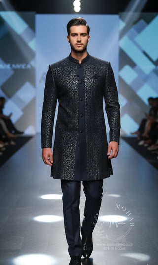 Midnight Blue Sequin Embellished Sherwani Set
