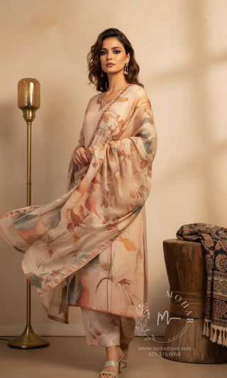 Cream Floral Print Salwar Suit with Organza Dupatta