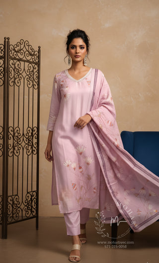 Soft Pink Embroidered Salwar Suit with Sheer Dupatta