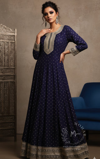 Navy Blue Embroidered Anarkali Gown - Gold Detailing | MOHAR M Navy Blue Embroidered Anarkali Gown - Gold Detailing | MOHAR M