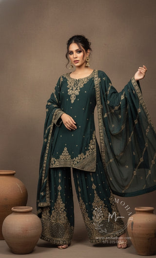 Emerald Green Gold Embroidered Sharara Set with Dupatta