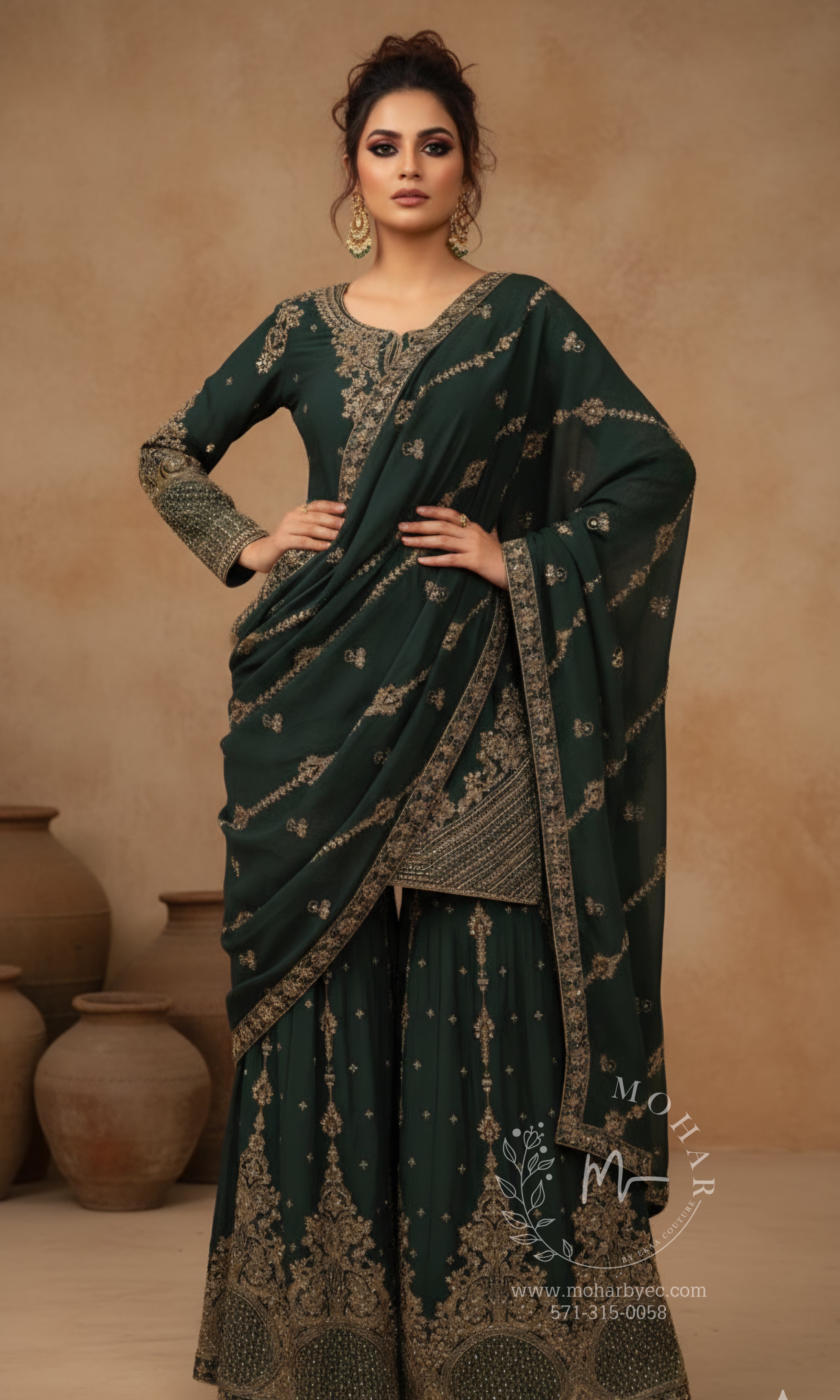 Emerald Green Gold Embroidered Sharara Set with Dupatta