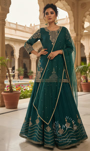 Deep Teal Green Gold Embroidered Sharara Set with Dupatta
