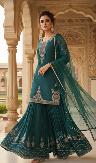 Deep Teal Green Gold Embroidered Sharara Set with Dupatta