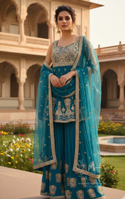 Turquoise Blue Silver Embroidered Sharara Set with Dupatta