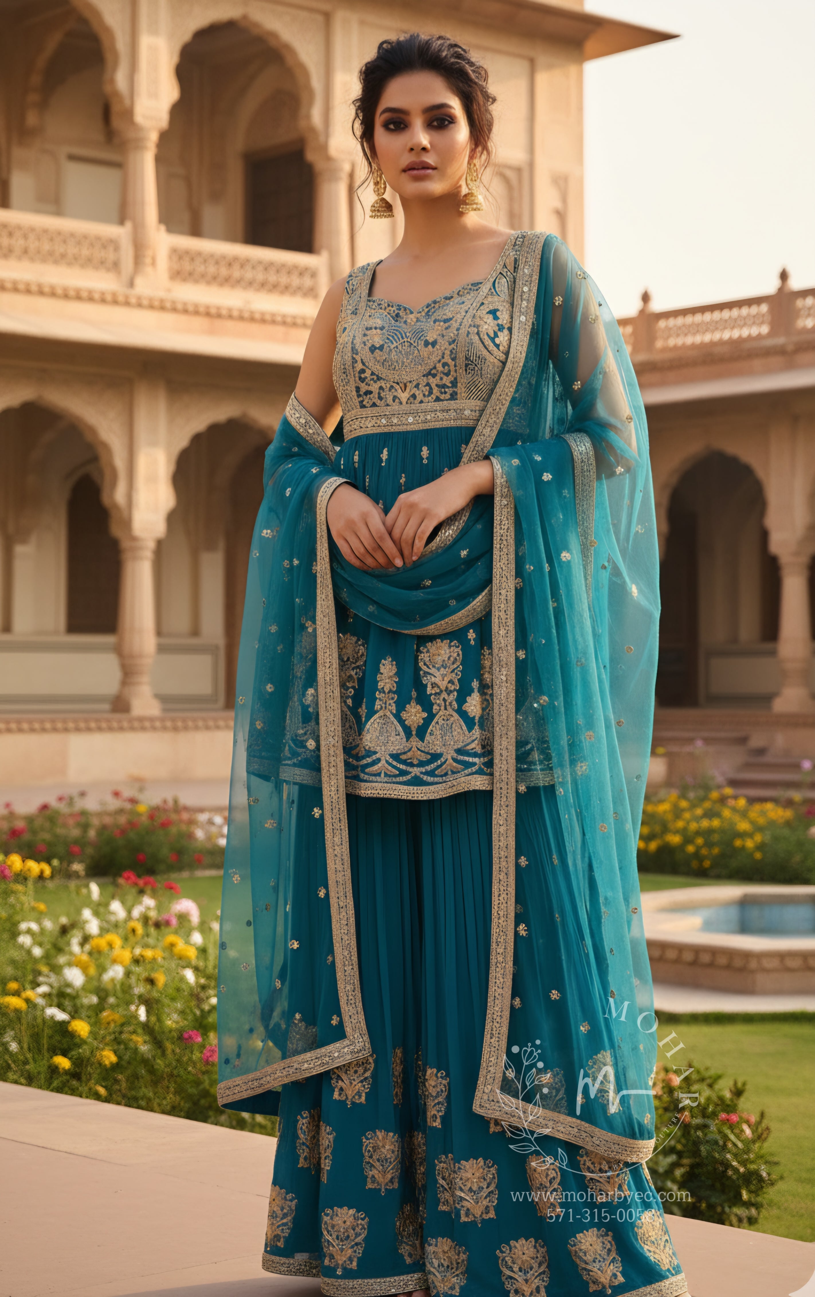 Turquoise Blue Silver Embroidered Sharara Set with Dupatta