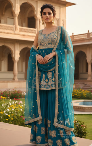 Turquoise Blue Silver Embroidered Sharara Set with Dupatta