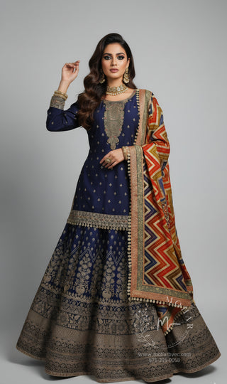 Navy Blue Embroidered Lehenga Choli with Chevron Dupatta