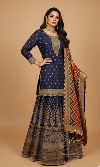 Navy Blue Embroidered Lehenga Choli with Chevron Dupatta