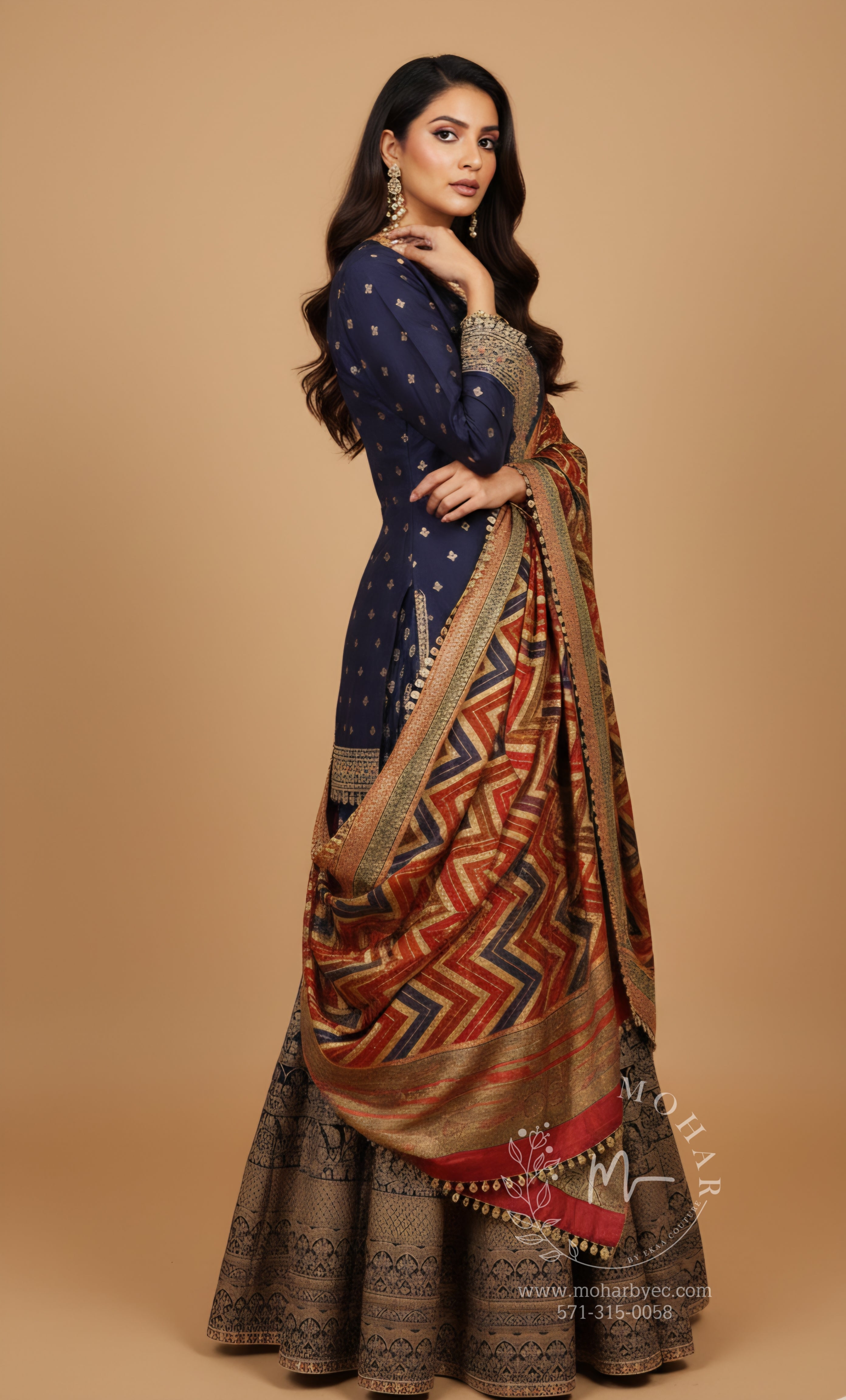 Navy Blue Embroidered Lehenga Choli with Chevron Dupatta