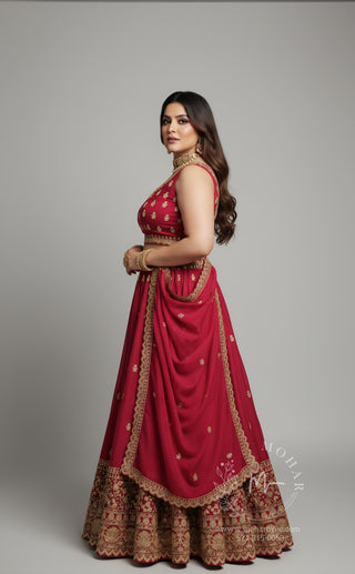 Embroidered Lehenga Choli with Gold Border - Maroon & Navy Blue