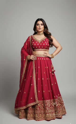 Embroidered Lehenga Choli with Gold Border - Maroon & Navy Blue