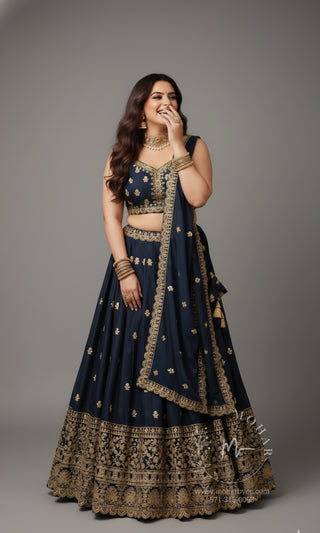 Embroidered Lehenga Choli with Gold Border - Maroon & Navy Blue