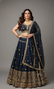 Embroidered Lehenga Choli with Gold Border - Maroon & Navy Blue