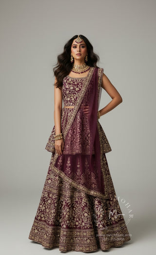 Burgundy Gold Embroidered Lehenga Choli with dupatta