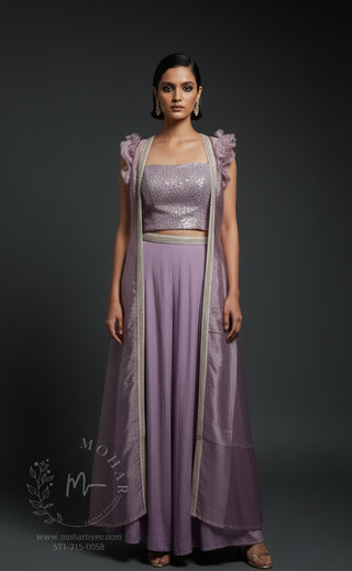 Lavender Ombré Embroidered Sharara Set with Cape Sleeves