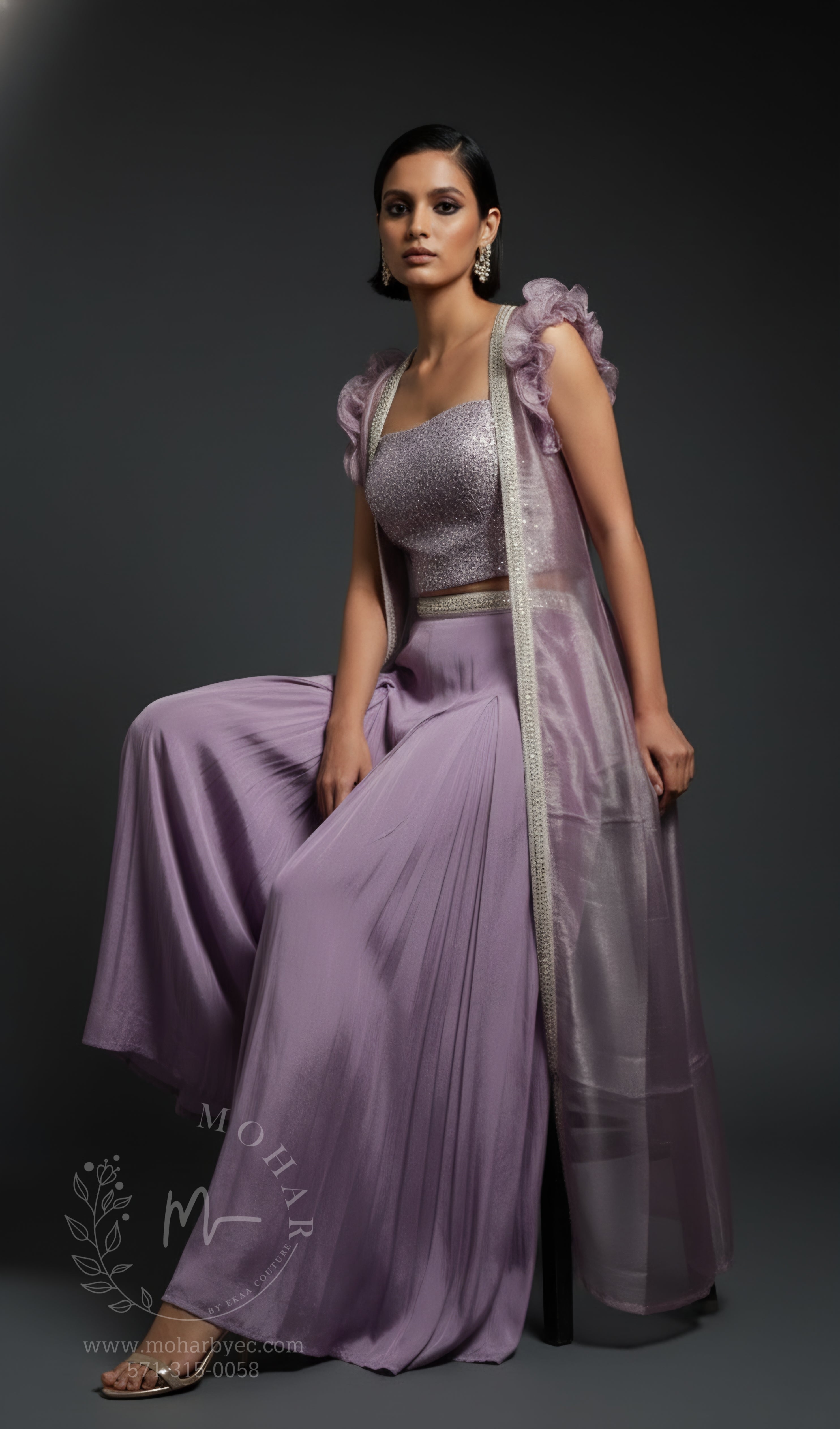 Lavender Ombré Embroidered Sharara Set with Cape Sleeves