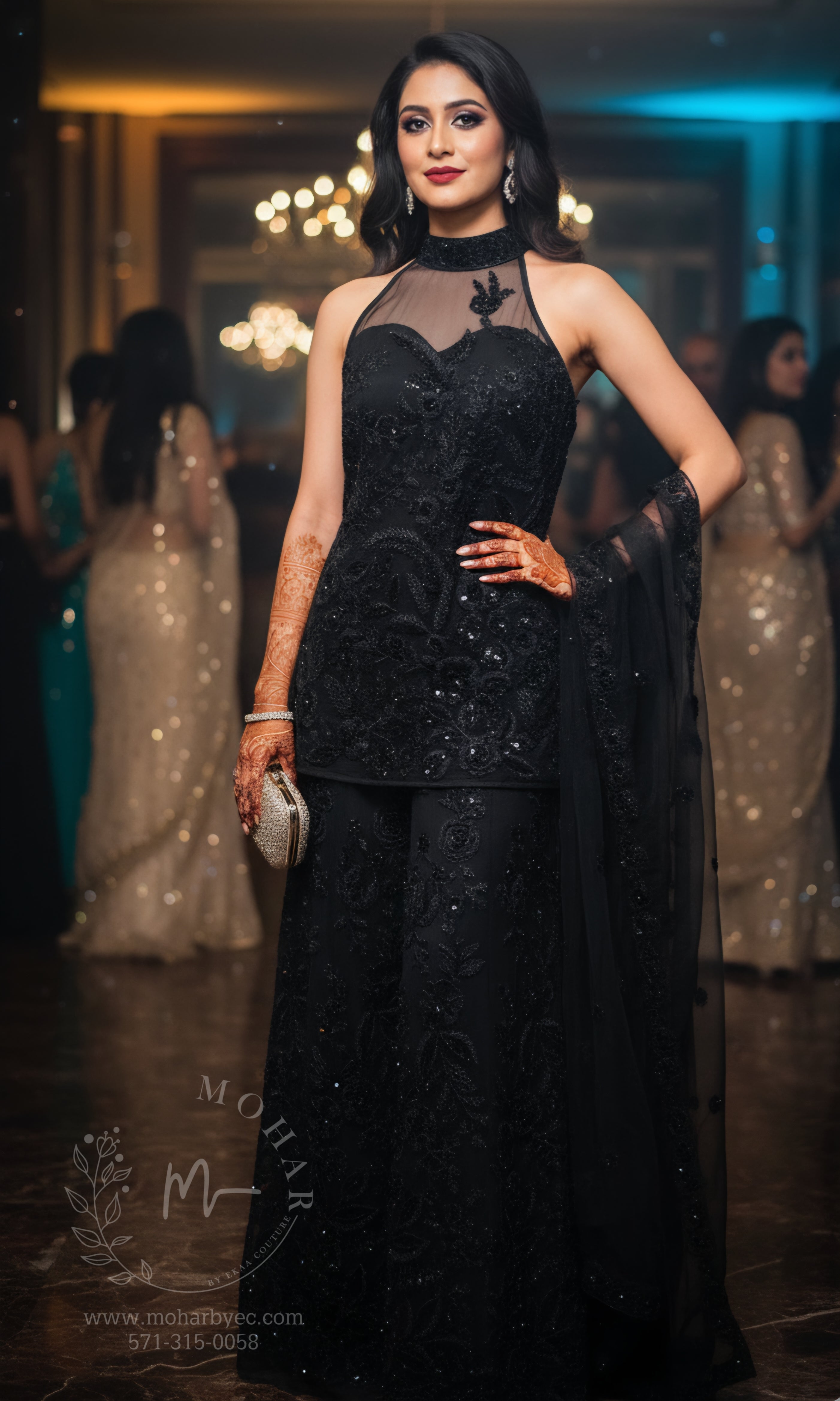 Embroidered Sharara Set with Halter Neckline - Champagne & Black