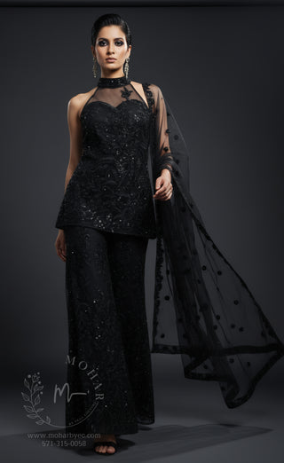 Embroidered Sharara Set with Halter Neckline - Champagne & Black