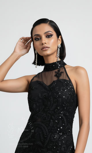 Embroidered Sharara Set with Halter Neckline - Champagne & Black