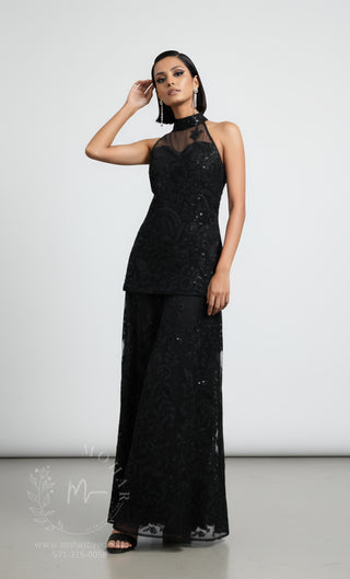 Embroidered Sharara Set with Halter Neckline - Champagne & Black