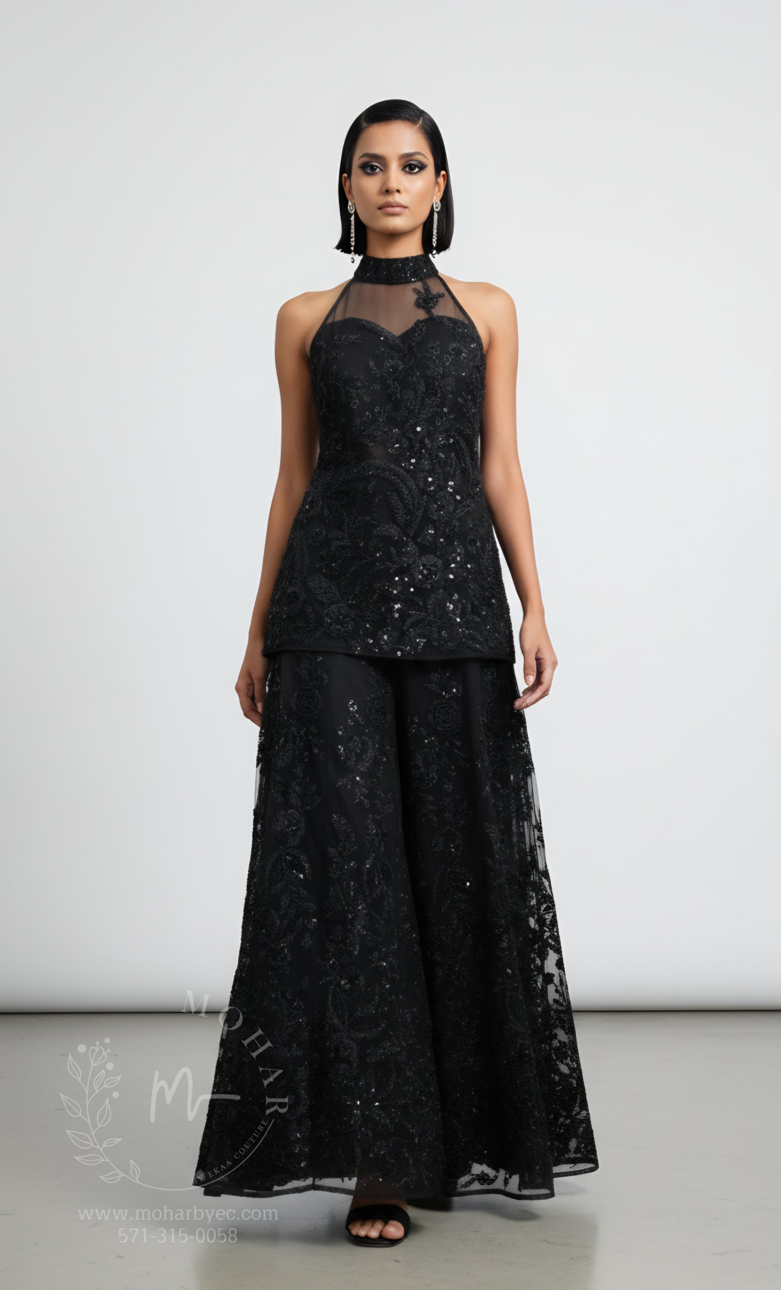 Embroidered Sharara Set with Halter Neckline - Champagne & Black