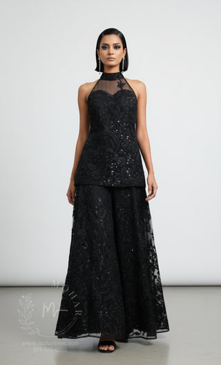 Embroidered Sharara Set with Halter Neckline - Champagne & Black