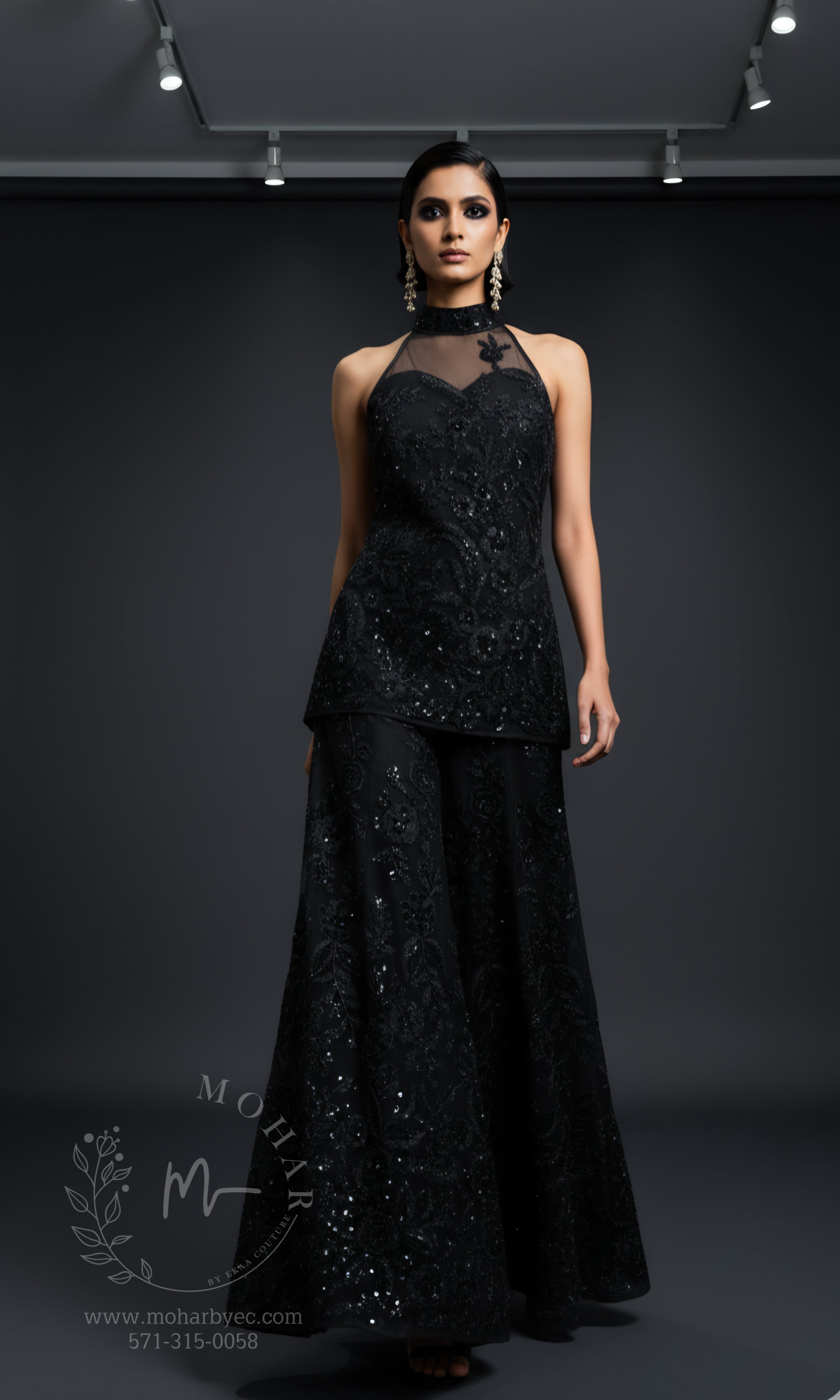 Embroidered Sharara Set with Halter Neckline - Champagne & Black