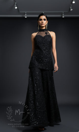 Embroidered Sharara Set with Halter Neckline - Champagne & Black