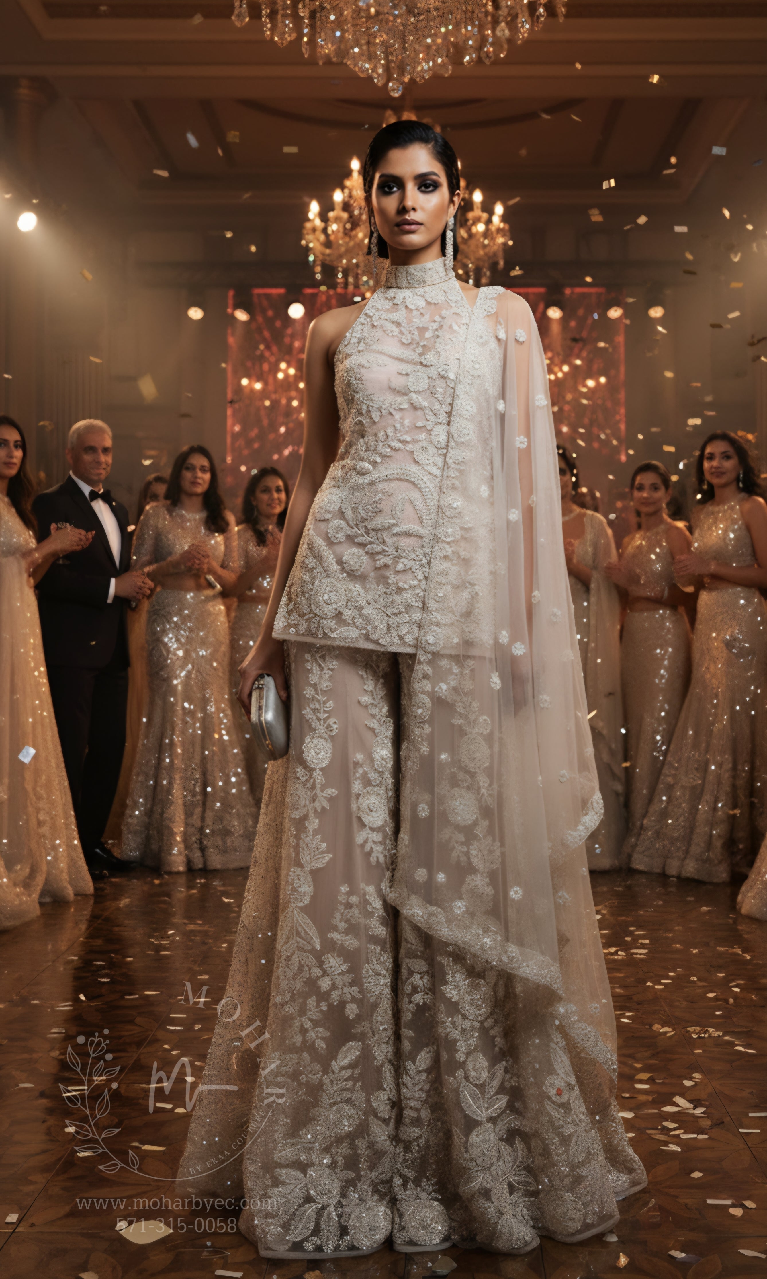 Embroidered Sharara Set with Halter Neckline - Champagne & Black