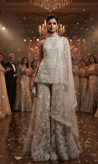 Embroidered Sharara Set with Halter Neckline - Champagne & Black