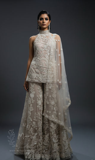 Embroidered Sharara Set with Halter Neckline - Champagne & Black