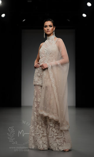 Embroidered Sharara Set with Halter Neckline - Champagne & Black