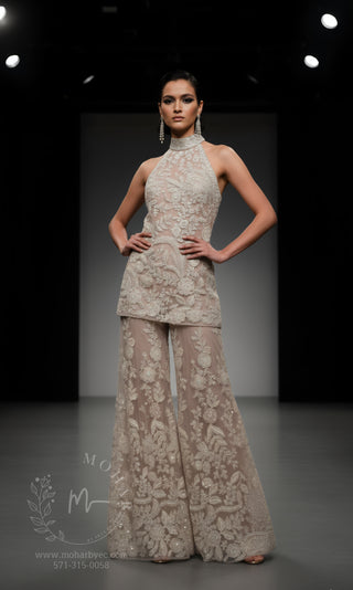 Embroidered Sharara Set with Halter Neckline - Champagne & Black