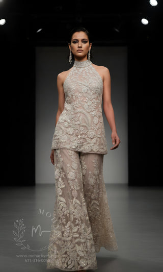 Embroidered Sharara Set with Halter Neckline - Champagne & Black