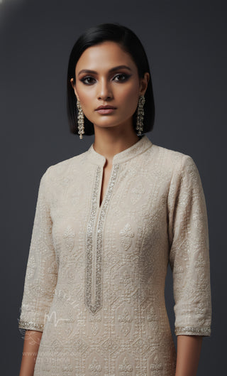 Sage Green & Champagne Embroidered Indo-Western Kurta Set with Fringe