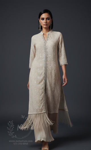 Sage Green & Champagne Embroidered Indo-Western Kurta Set with Fringe
