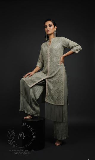 Sage Green & Champagne Embroidered Indo-Western Kurta Set with Fringe
