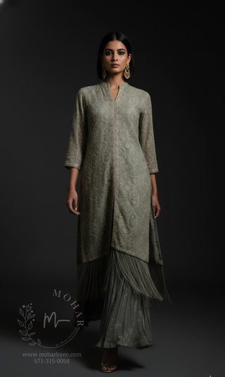 Sage Green & Champagne Embroidered Indo-Western Kurta Set with Fringe